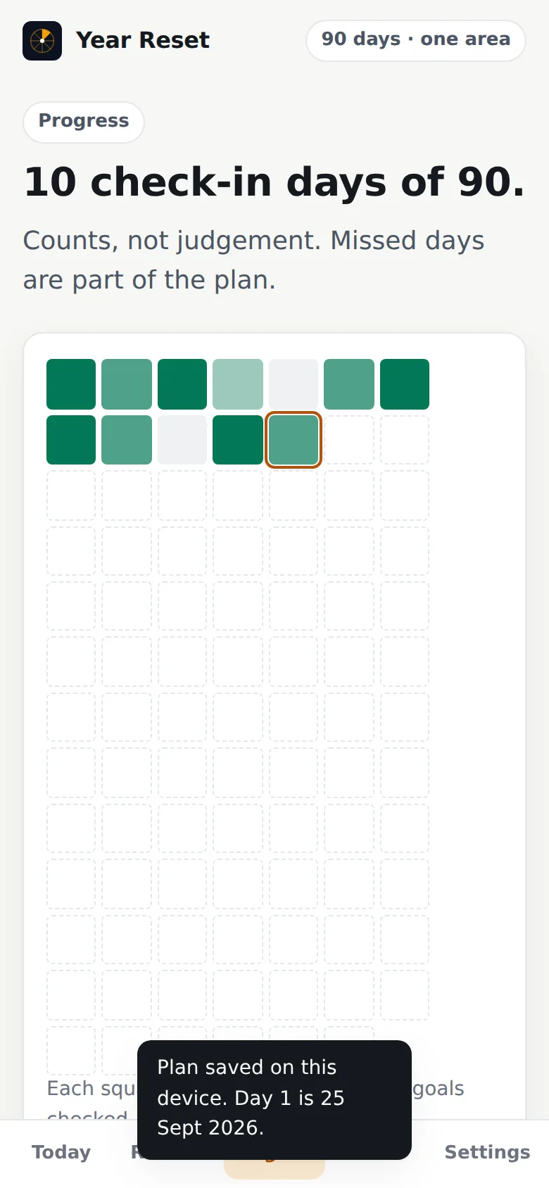 Progress screen: 90-day grid, badges, check-ins per goal and the year in numbers